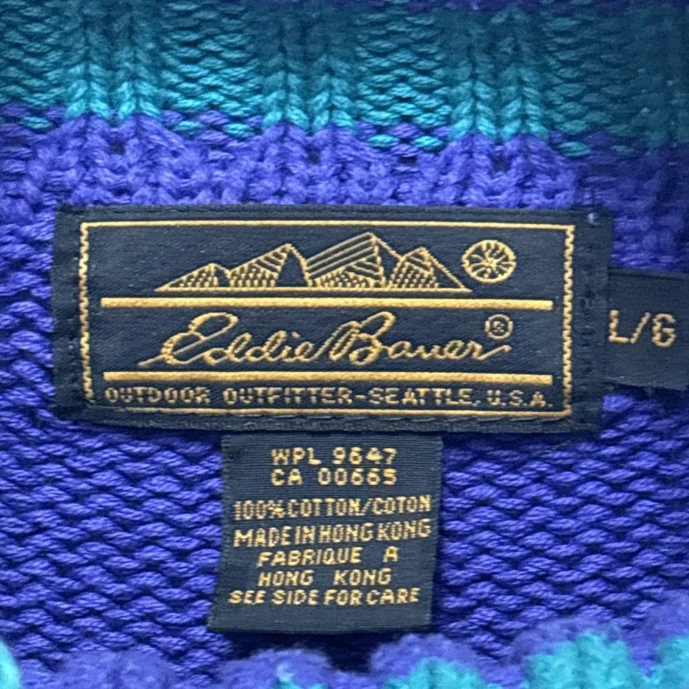 Vintage Eddie Bauer Sweater Men Large ColorBlock Crewneck Purple 80s Heavyweight - Picture 2 of 9